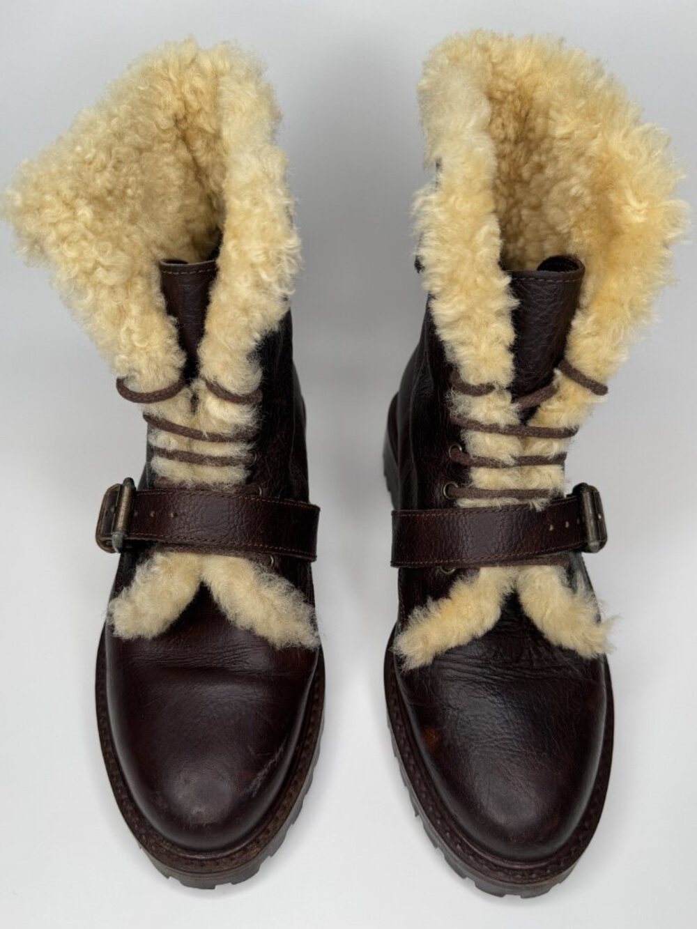 Ralph Lauren Size 8B Sportsman Combat Brown Leather Boots Shearling Fur
